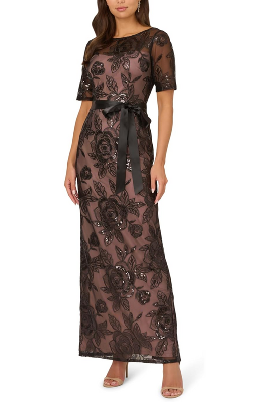 Adrianna Papell Black Nude Long Sheath Evening Dress