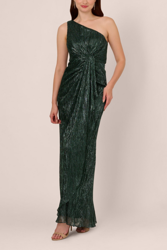 Adrianna Papell Green Pine One Shoulder Long Evening Dress