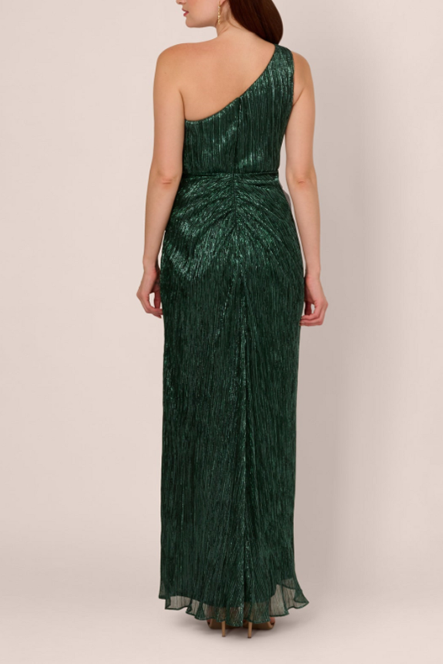 Adrianna Papell Green Pine One Shoulder Long Evening Dress