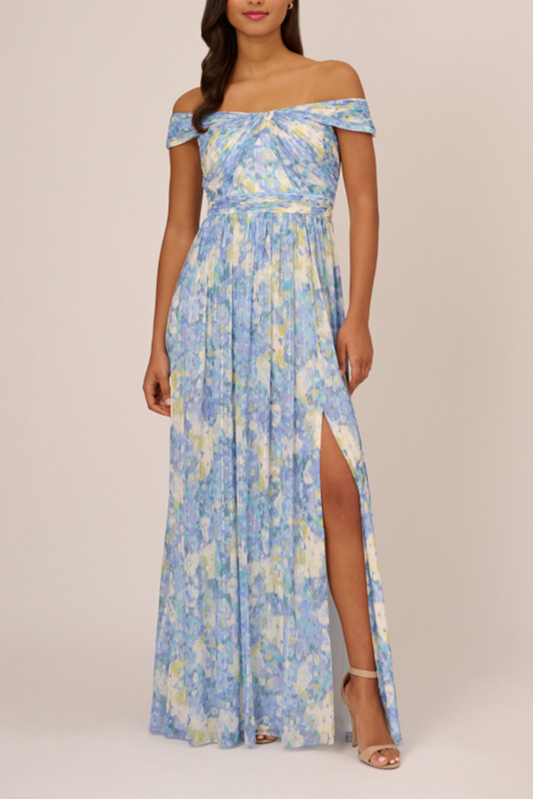 Adrianna Papell Blue Multi Color Off Should Evening Dress
