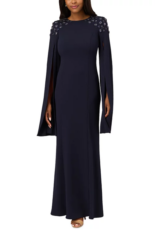 Adrianna Papell Midnight Long Cape Sleeve Gown