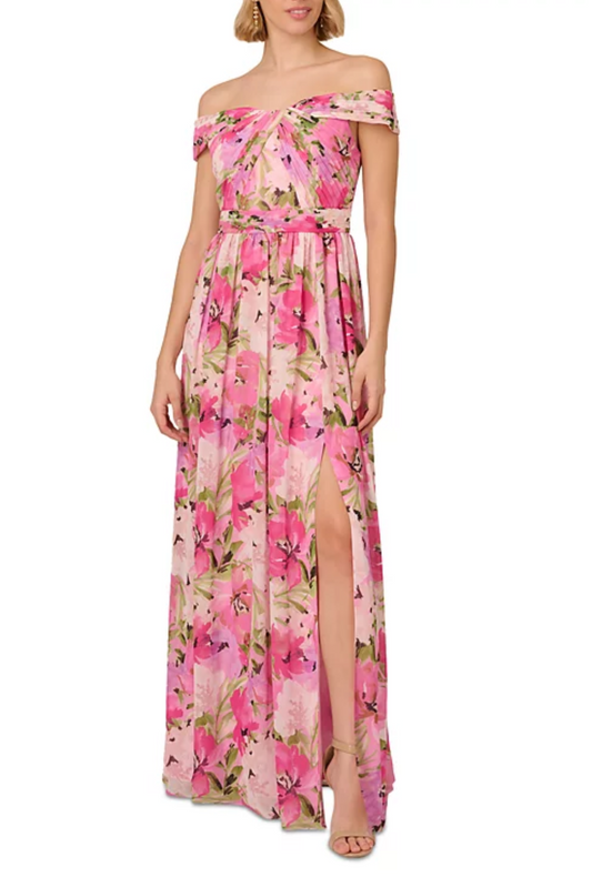Adrianna Papell Pink Floral Print Off Shoulder Evening Dress