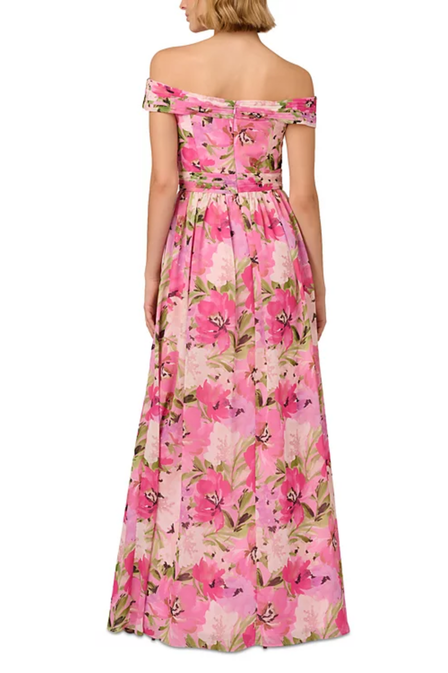 Adrianna Papell Pink Floral Print Off Shoulder Evening Dress