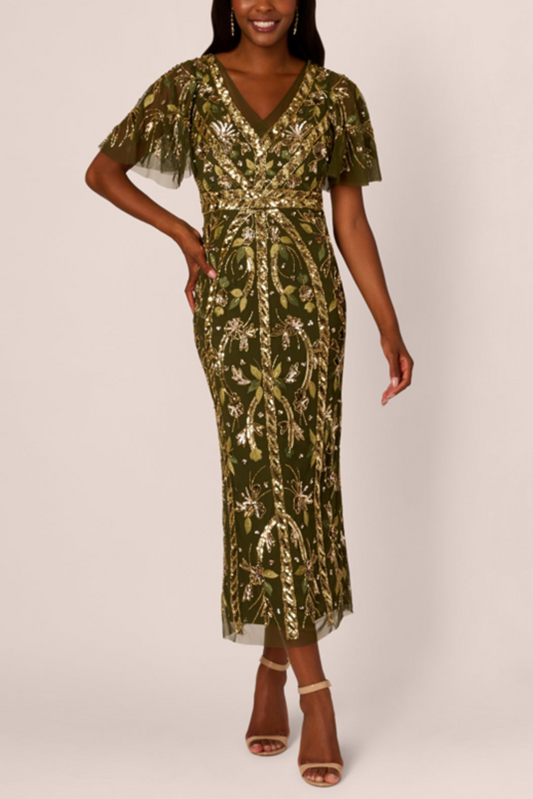 Adrianna Papell Olive Beaded Flutter Sleeve Gown (PETITE)