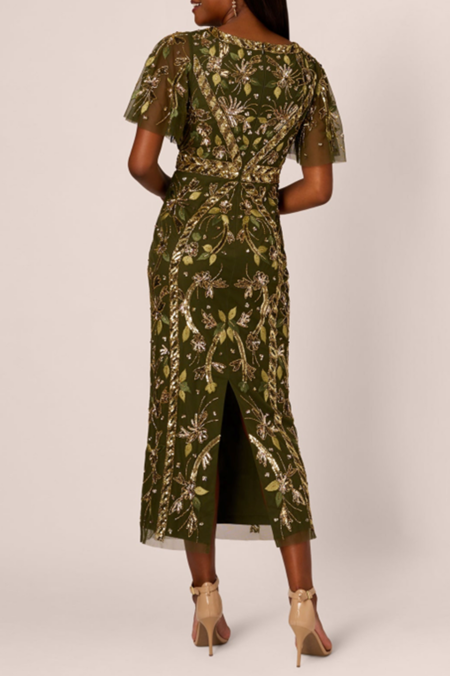 Adrianna Papell Olive Beaded Flutter Sleeve Gown (PETITE)