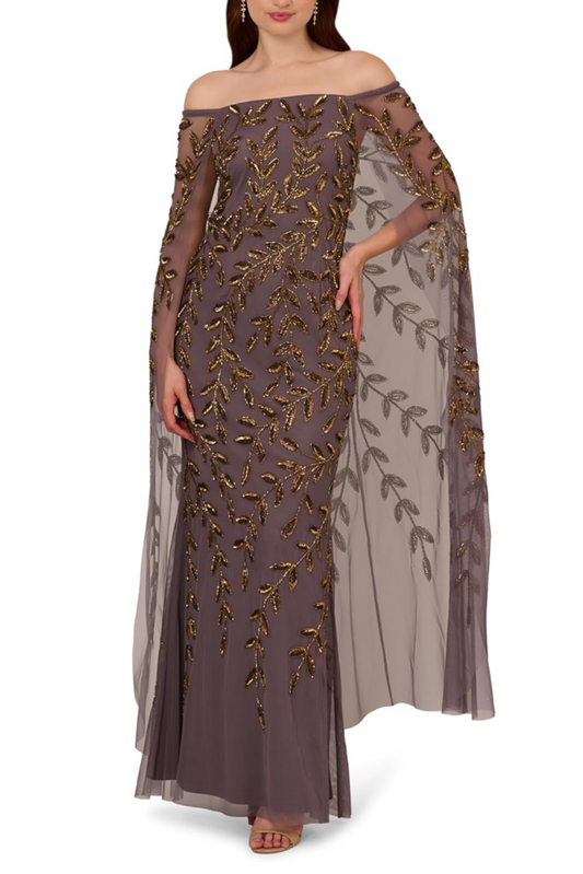 Adrianna Papell Off The Shoulder Beaded Cape Gown