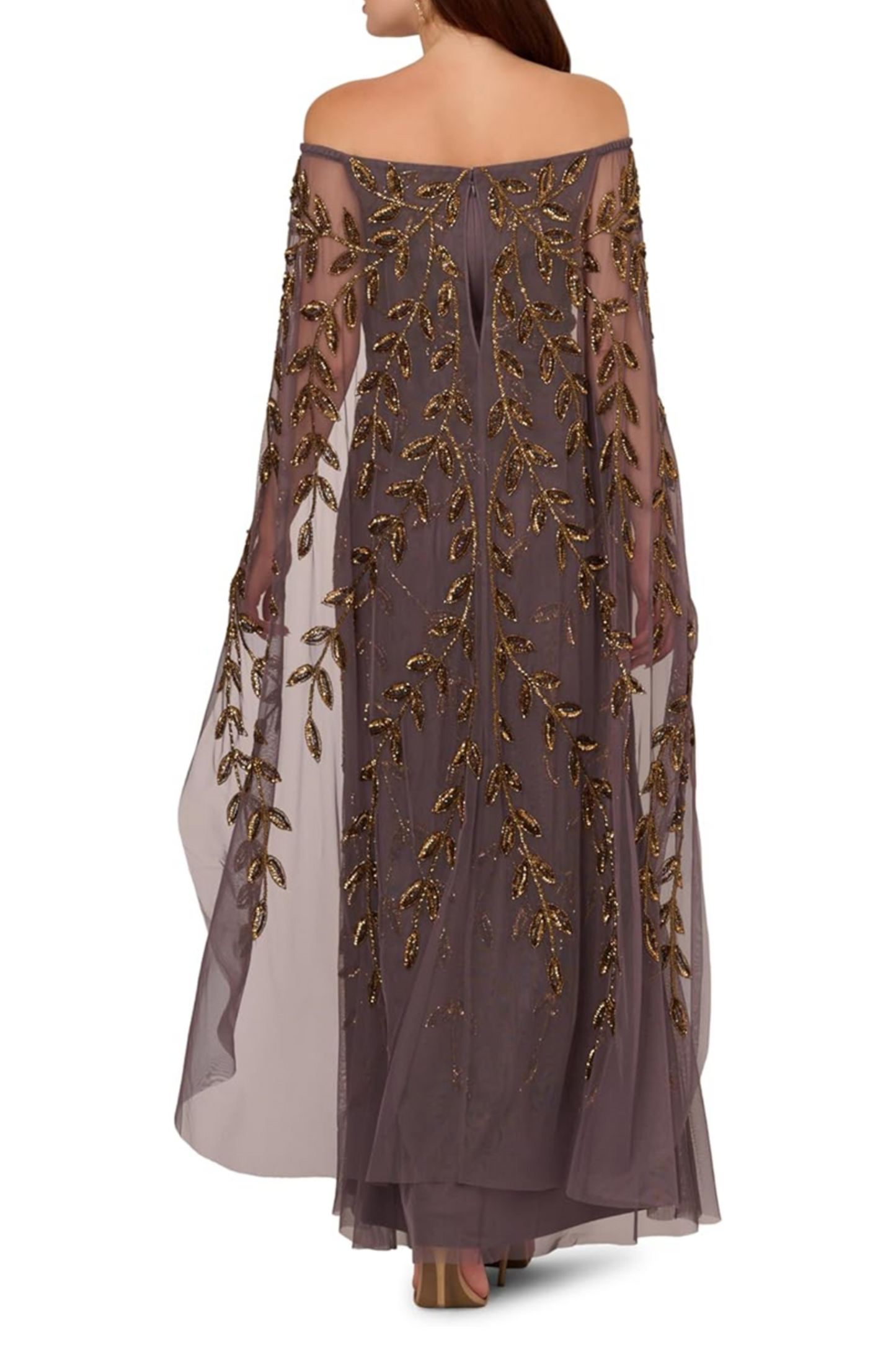 Adrianna Papell Off The Shoulder Beaded Cape Gown