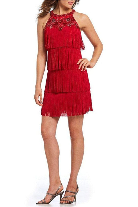 Aidan Mattox Red Tiered Fringe Party Dress