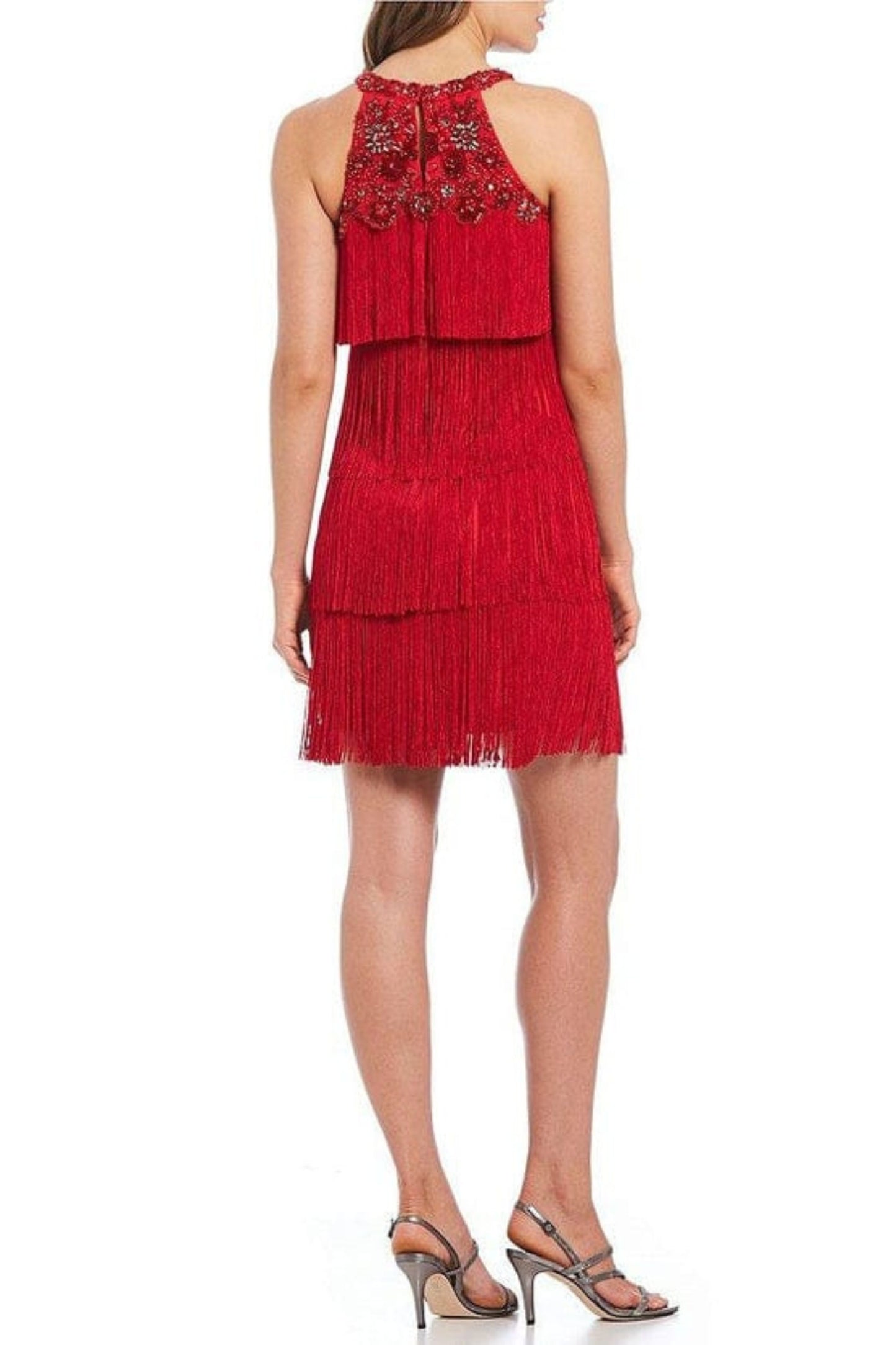 Aidan Mattox Red Tiered Fringe Party Dress
