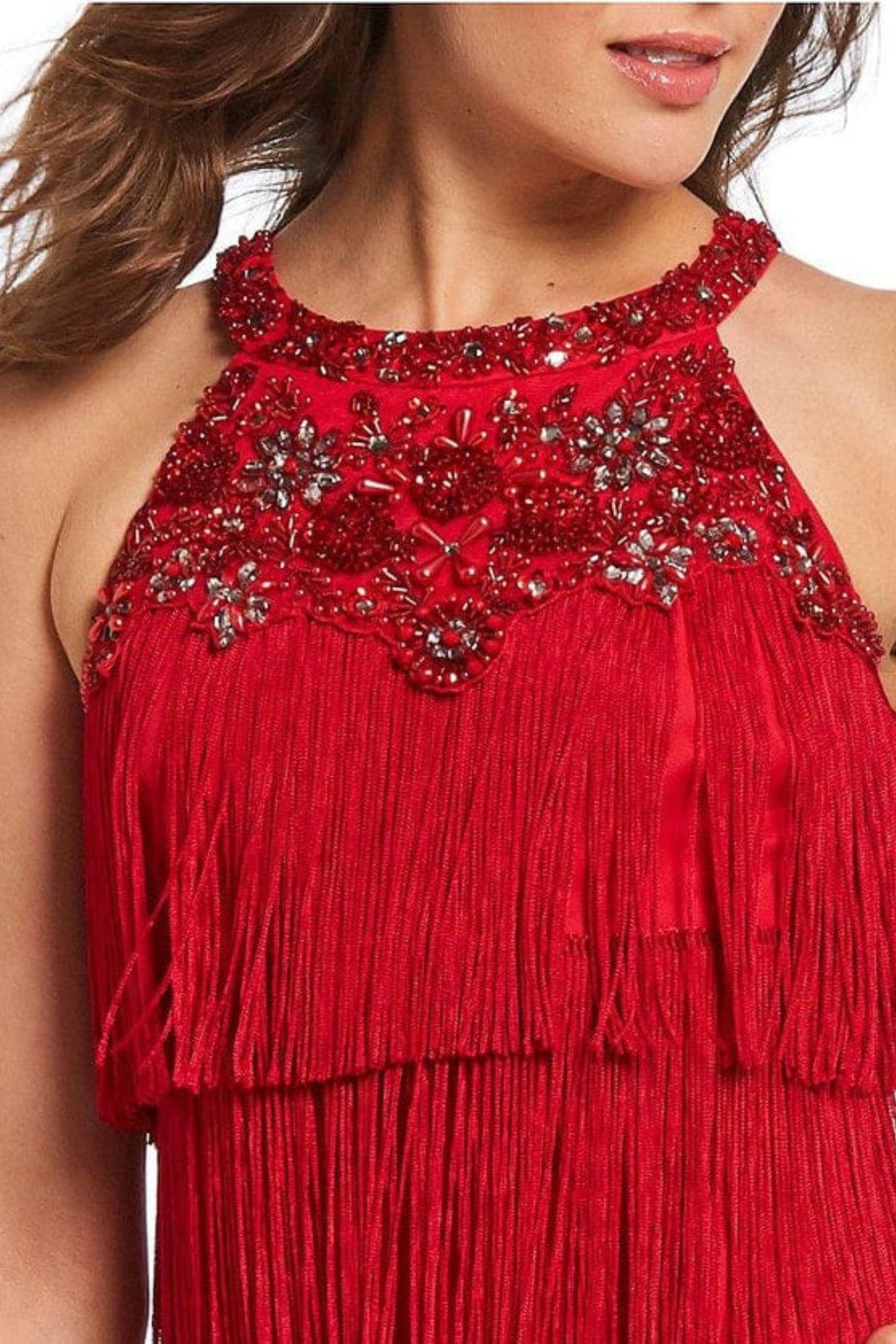 Aidan Mattox Red Tiered Fringe Party Dress