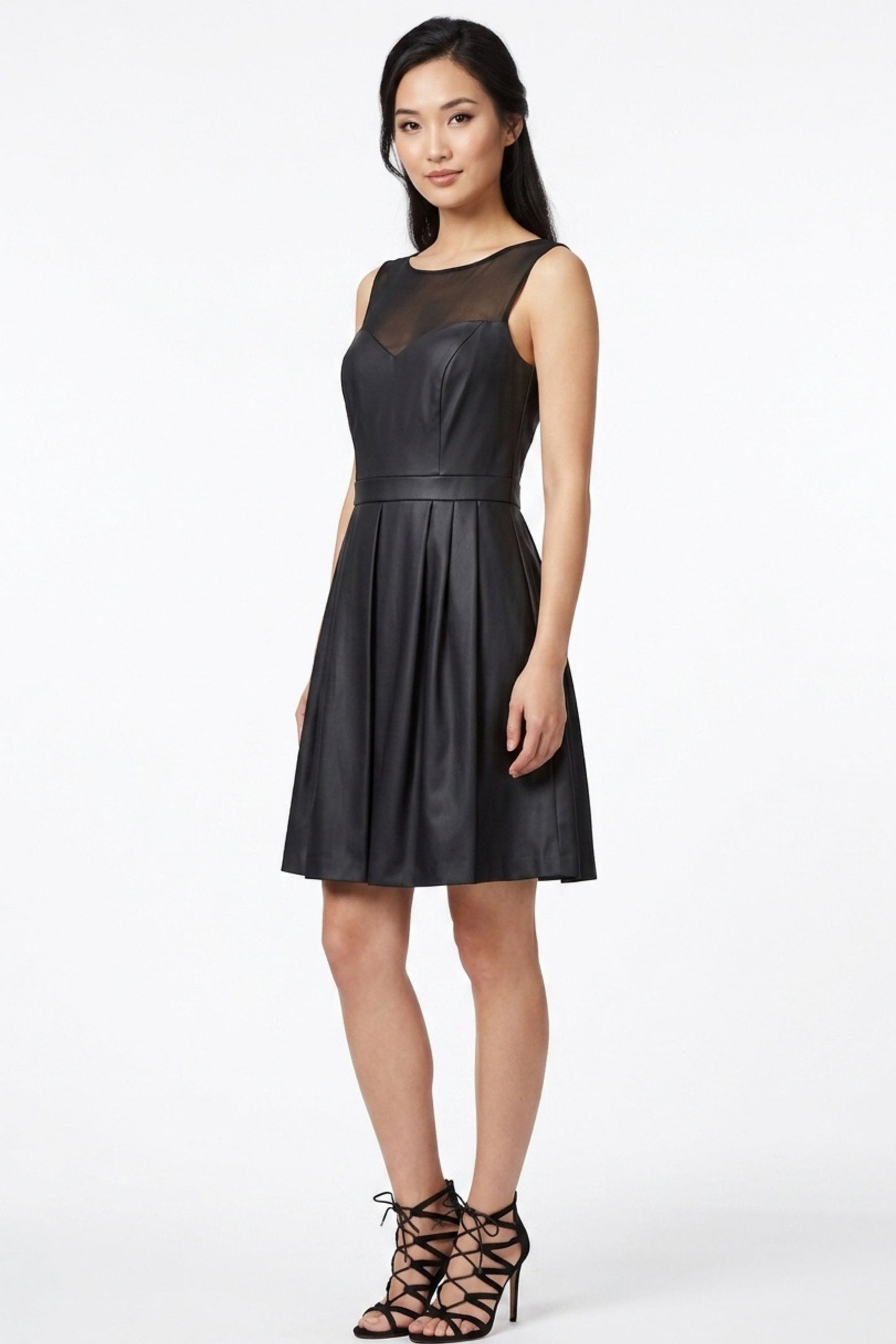 Ali Ro Black Illusion Mesh Faux-Leather Fit and Flare Party Dress