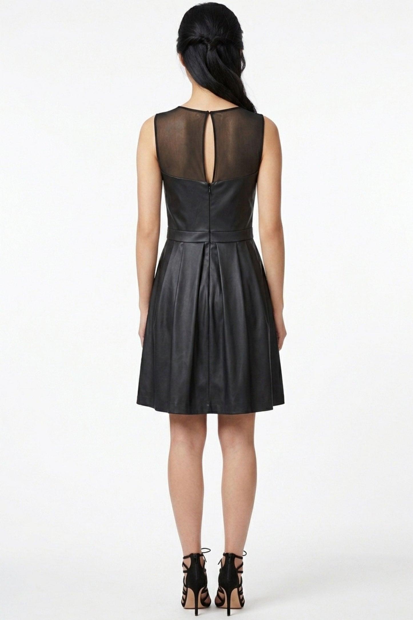 Ali Ro Black Illusion Mesh Faux-Leather Fit and Flare Party Dress