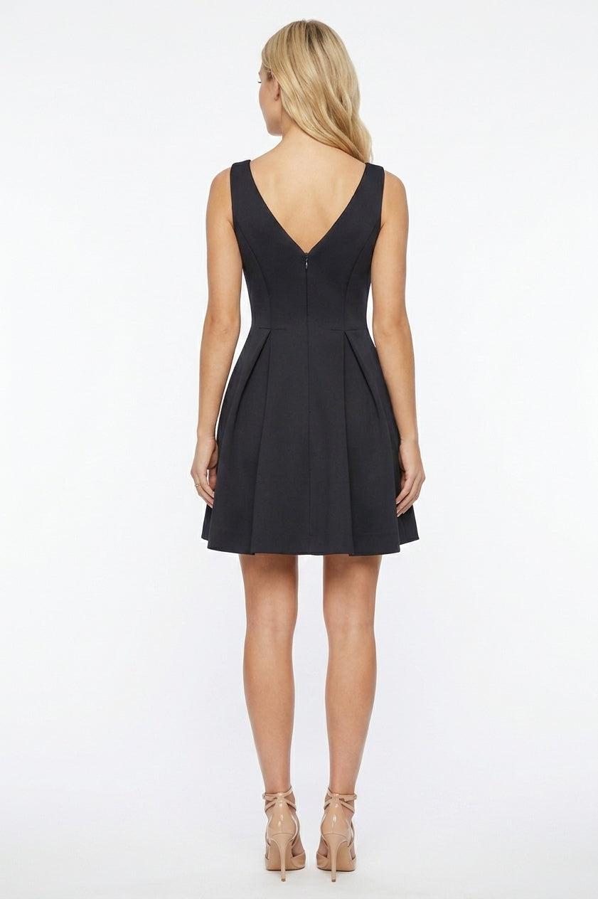 Ali Ro Navy Notch V-Neck Pleated Fit and Flare Party Dress