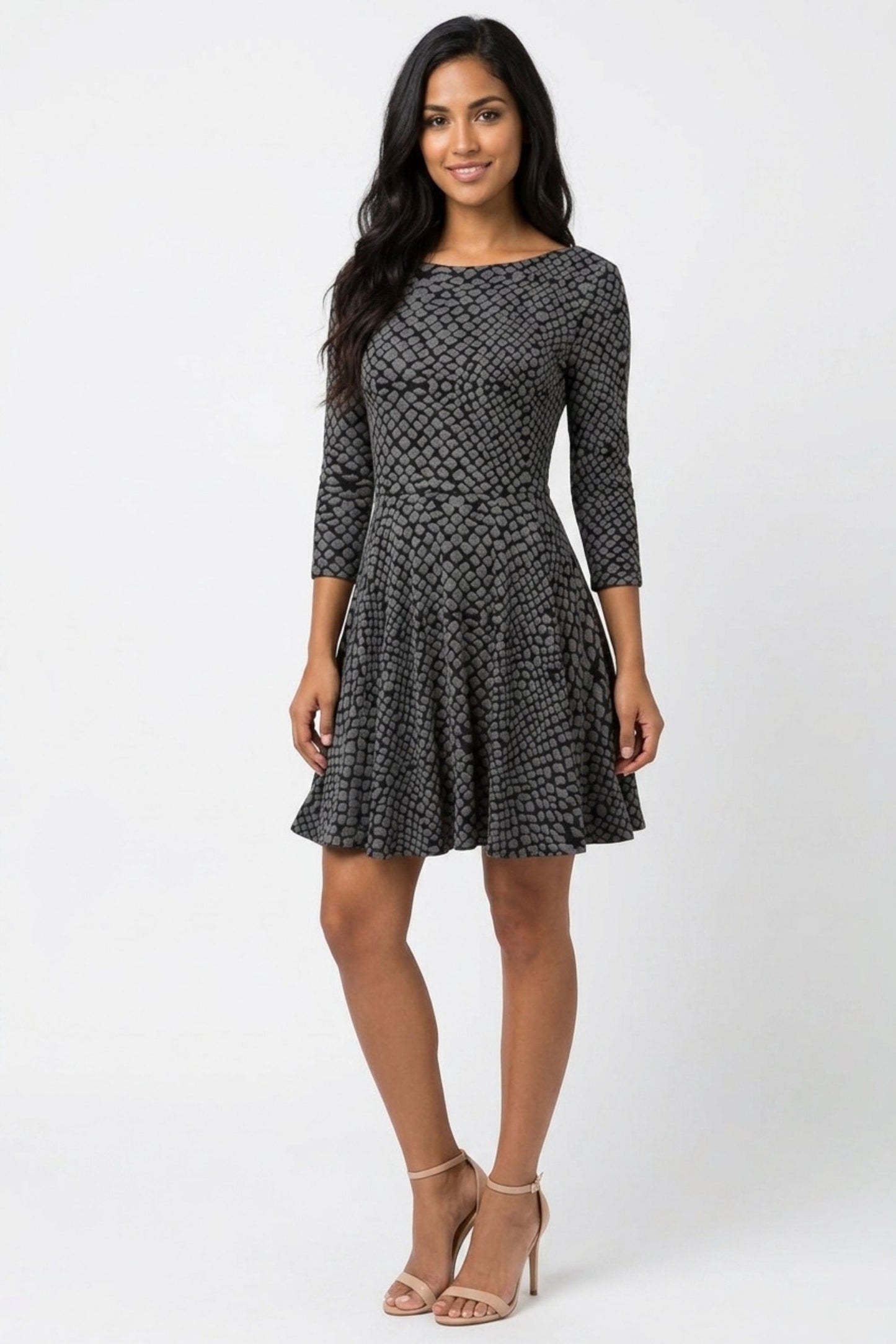 Ali Ro Grey & Black Snakeskin Print 3/4-Sleeve Fit and Flare Dress
