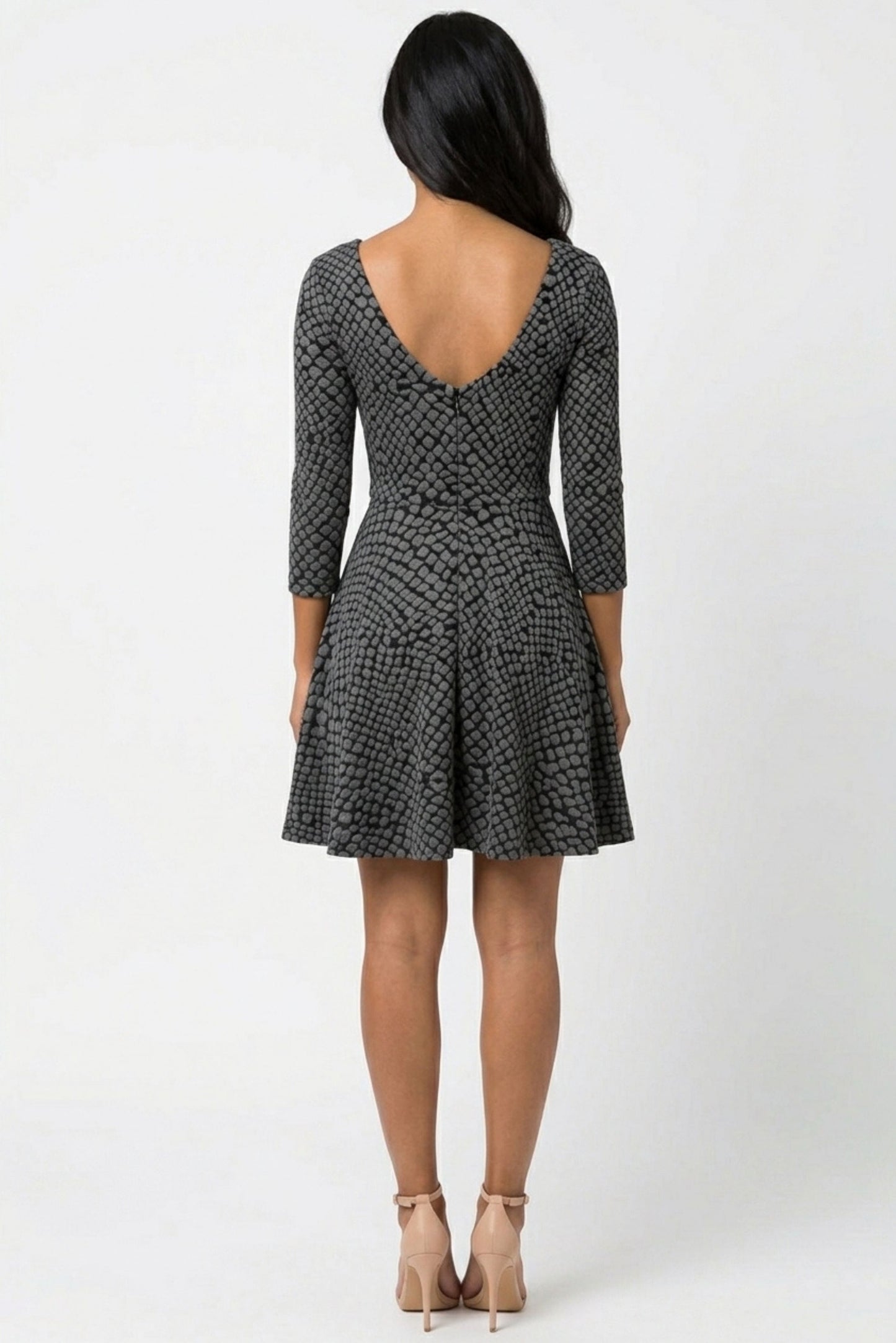 Ali Ro Grey & Black Snakeskin Print 3/4-Sleeve Fit and Flare Dress