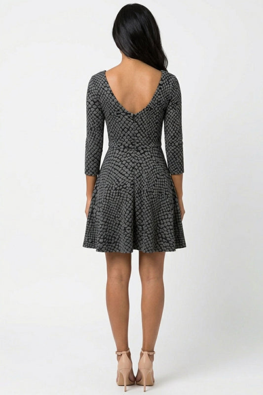 Ali Ro Grey & Black Snakeskin Print 3/4-Sleeve Fit and Flare Dress