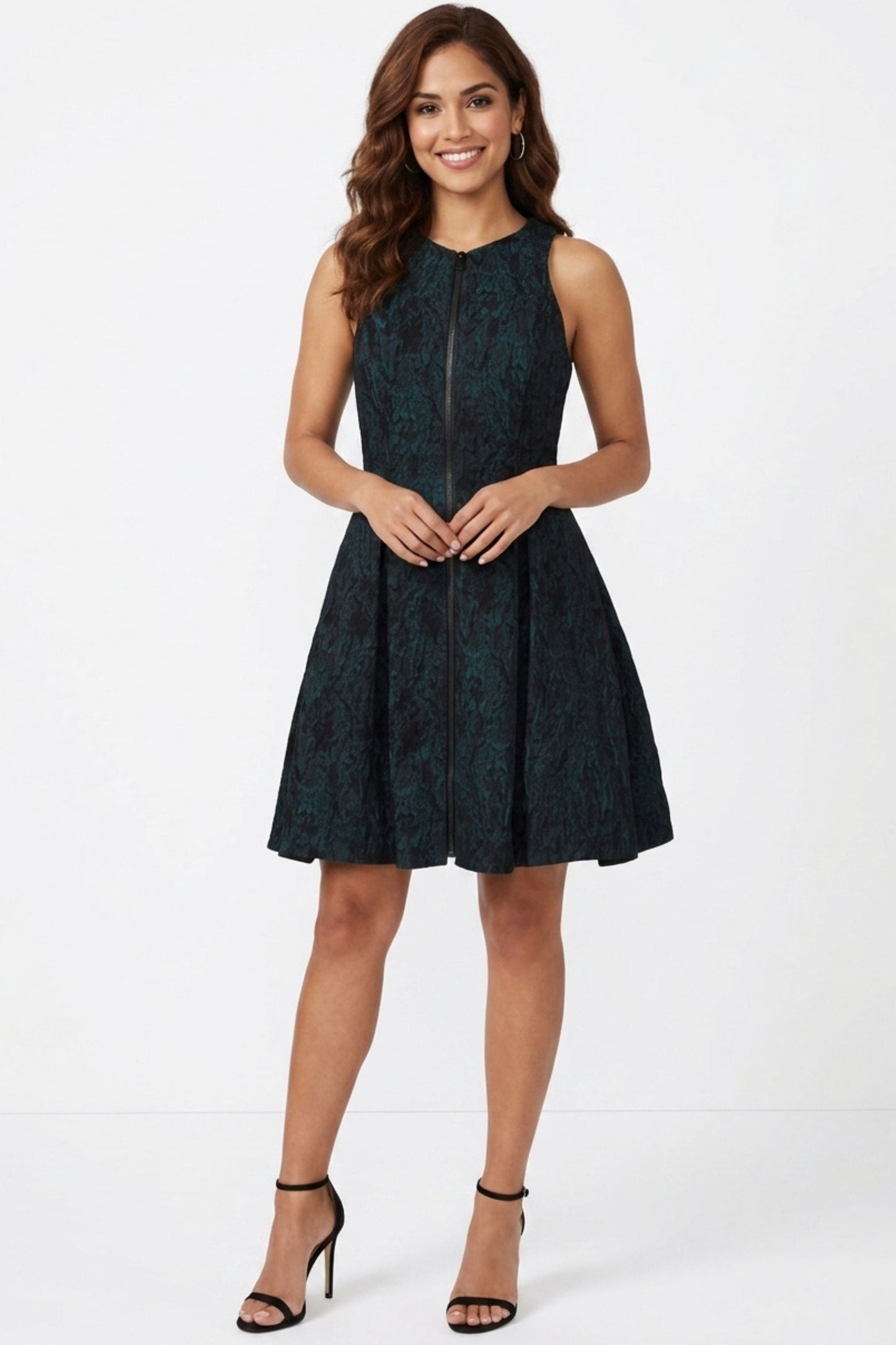 Ali Ro Teal & Black Jacquard Front-Zip Fit and Flare Party Dress
