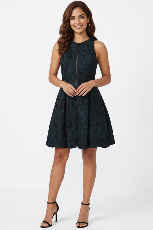 Ali Ro Teal & Black Jacquard Front-Zip Fit and Flare Party Dress