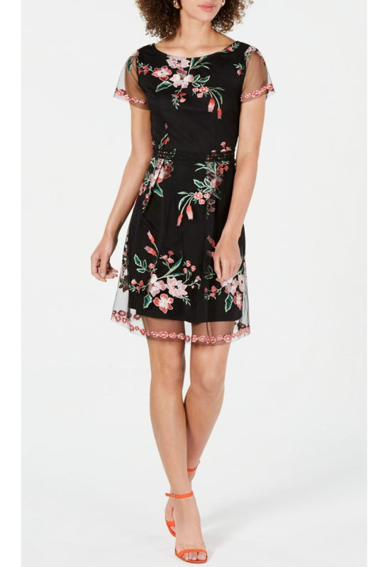 Adrianna Papell Tulle Floral Embroidery Short Party Dress
