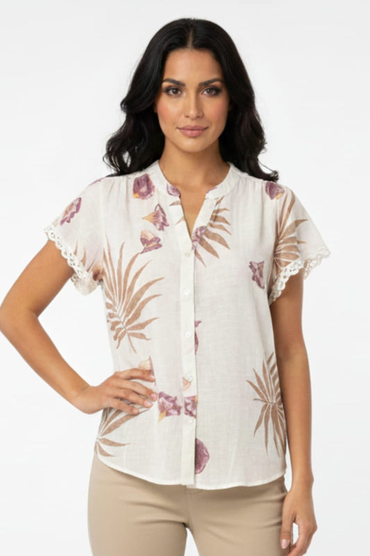 Alex & Parker Tropical Palm Print Short Sleeve Button-Down Blouse