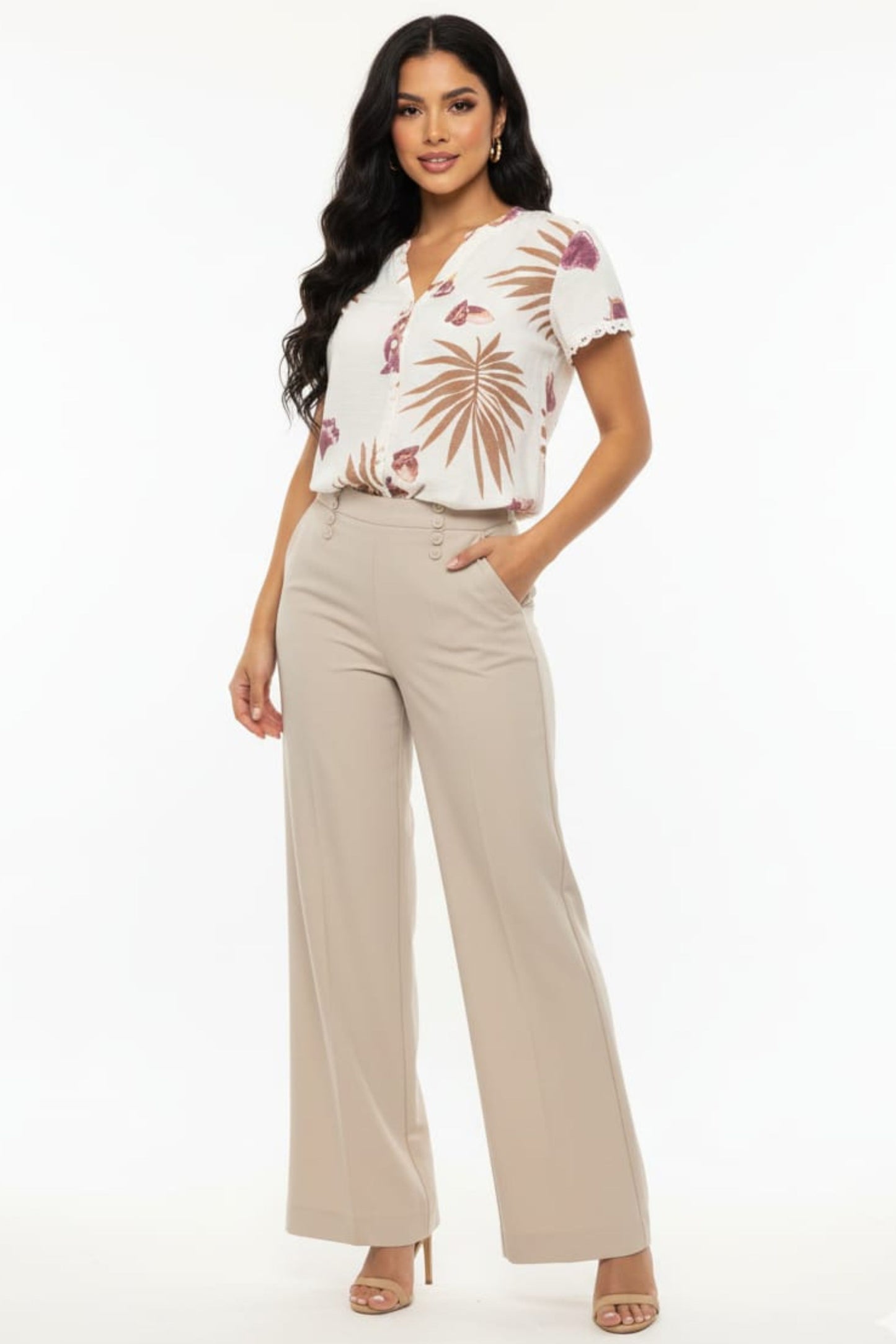 Alex & Parker Tropical Palm Print Short Sleeve Button-Down Blouse