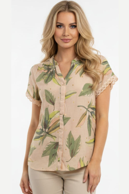 Alex & Parker Tropical Palm Print Short Sleeve Button-Down Blouse