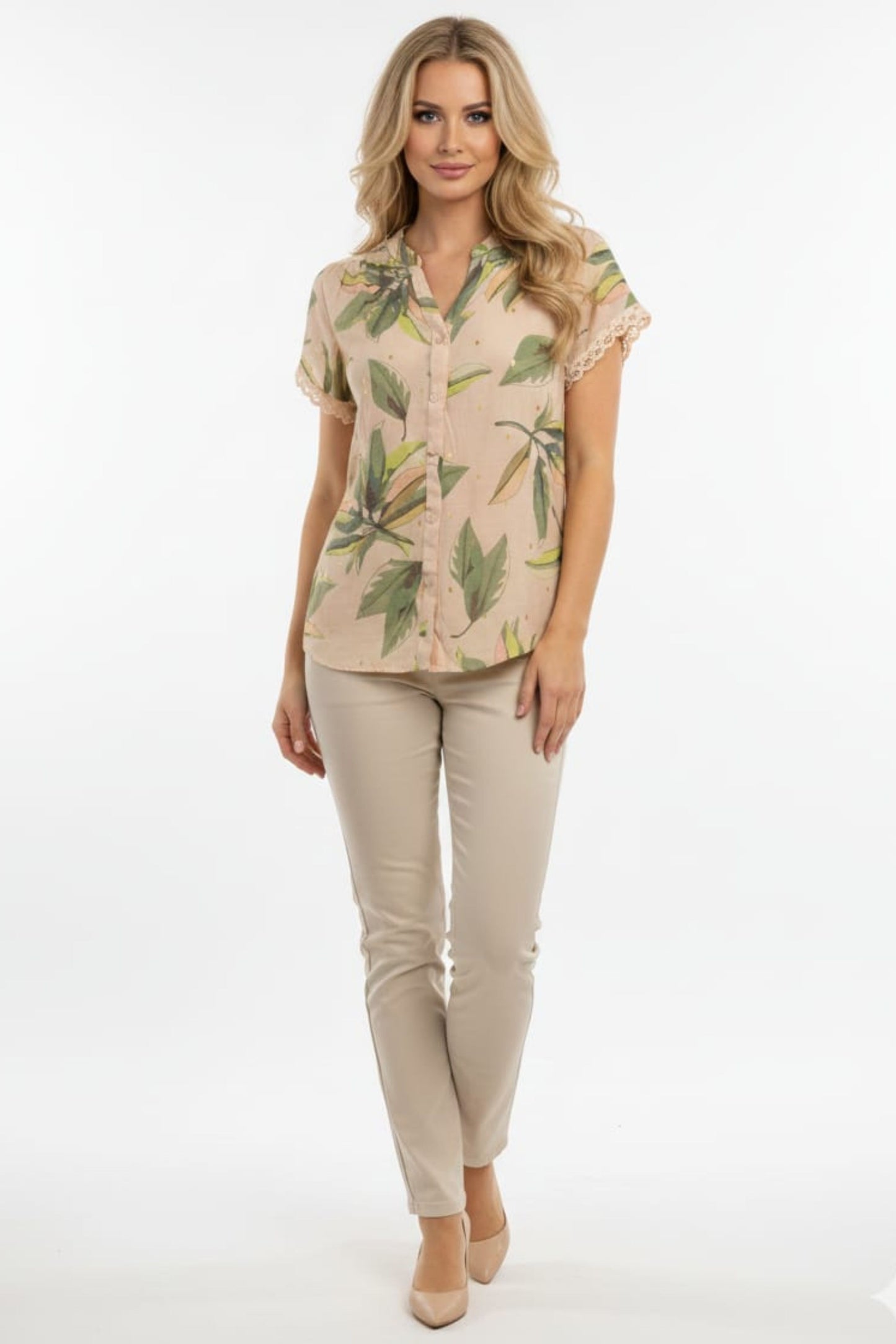 Alex & Parker Tropical Palm Print Short Sleeve Button-Down Blouse