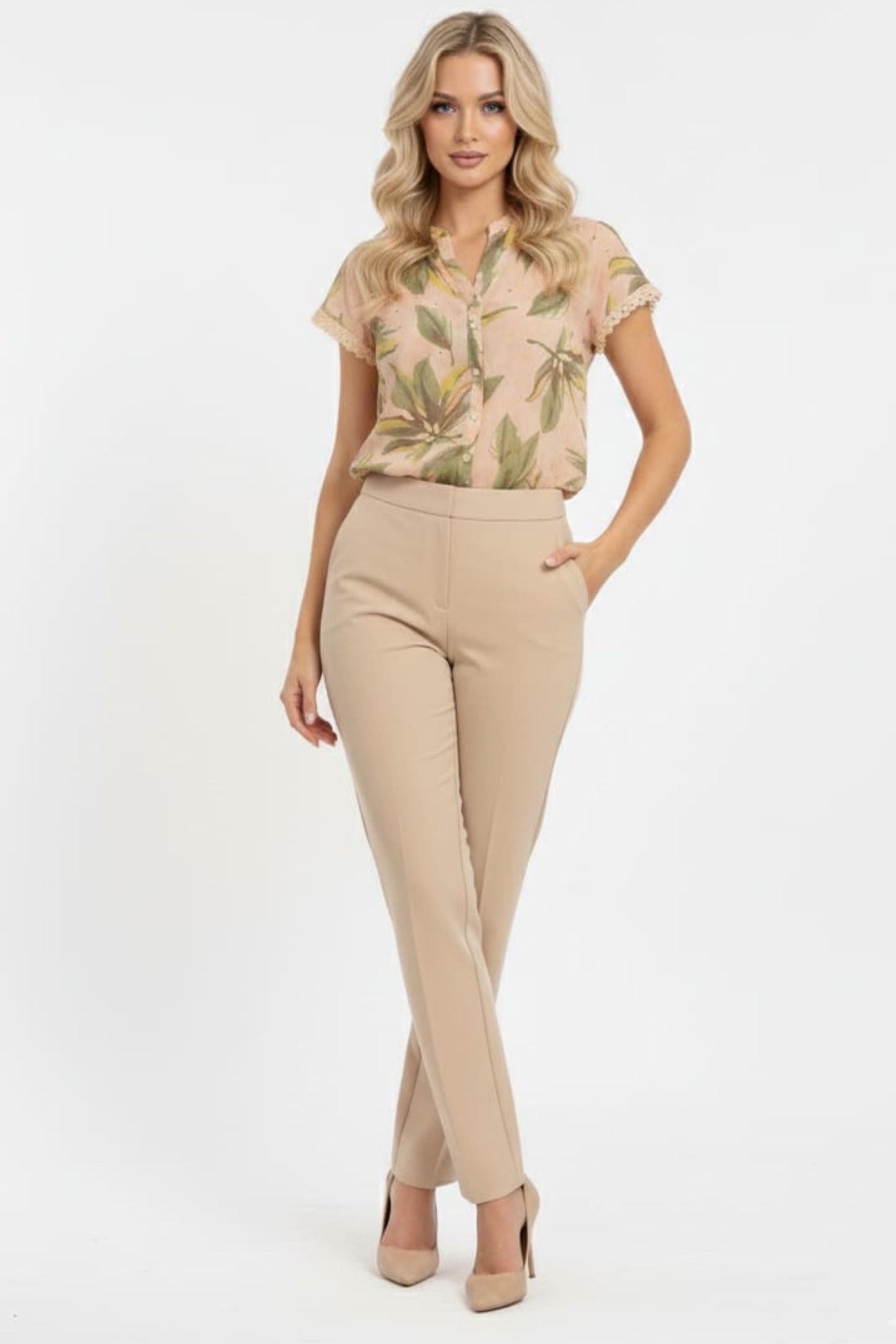 Alex & Parker Tropical Palm Print Short Sleeve Button-Down Blouse