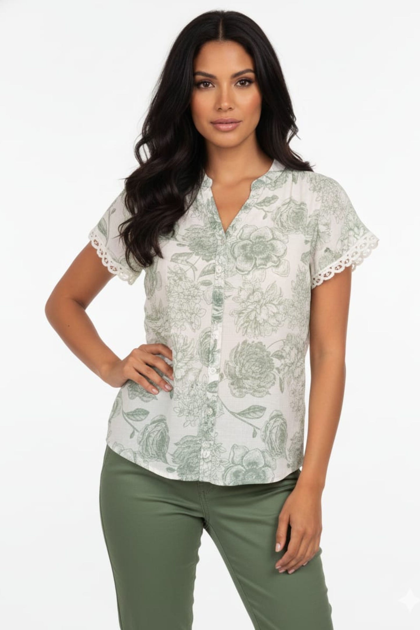 Alex & Parker Floral Print Short Sleeve Button-Down Blouse