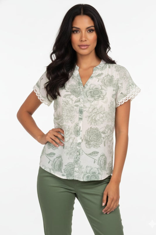 Alex & Parker Floral Print Short Sleeve Button-Down Blouse