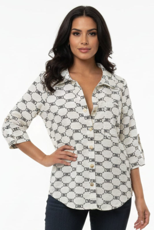 Alex & Parker Geometric Chain Link 3/4 Sleeve Button-Down Blouse