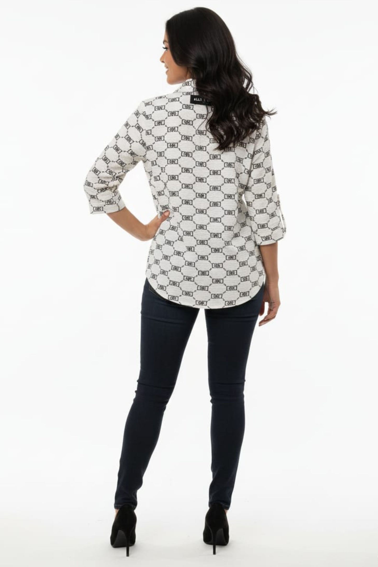 Alex & Parker Geometric Chain Link 3/4 Sleeve Button-Down Blouse
