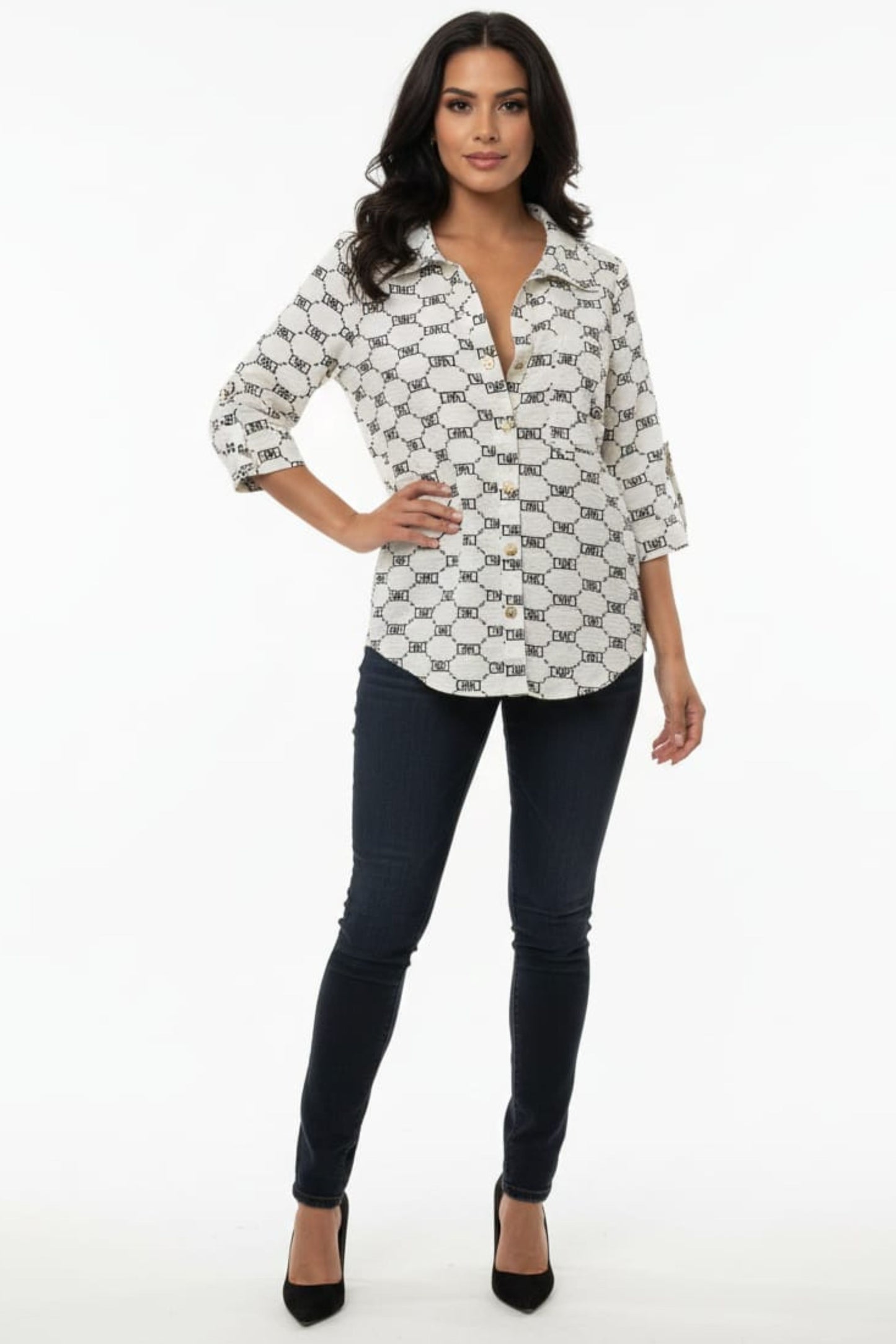 Alex & Parker Geometric Chain Link 3/4 Sleeve Button-Down Blouse