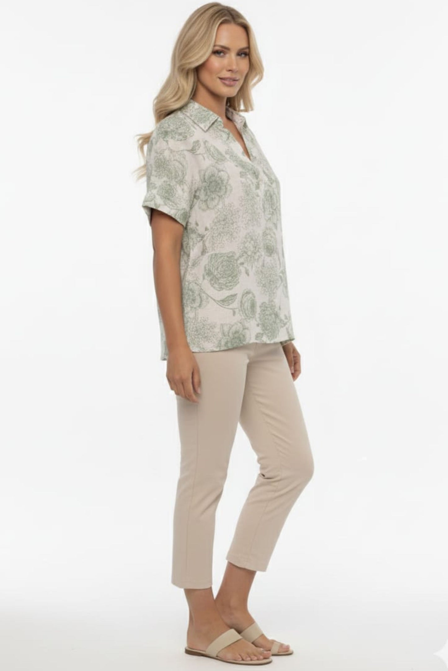 Alex & Parker Ivory Olive Floral V-Neck Blouse