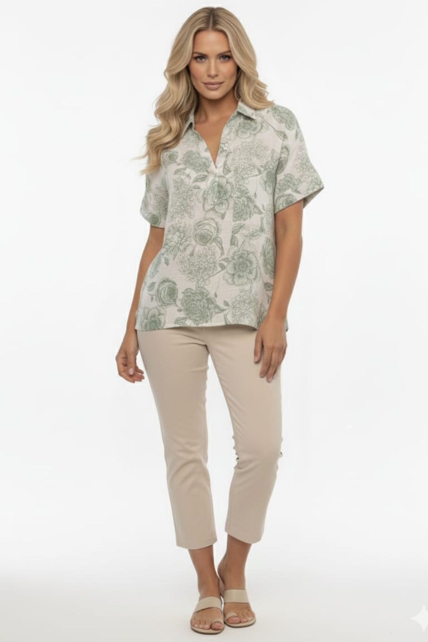 Alex & Parker Ivory Olive Floral V-Neck Blouse