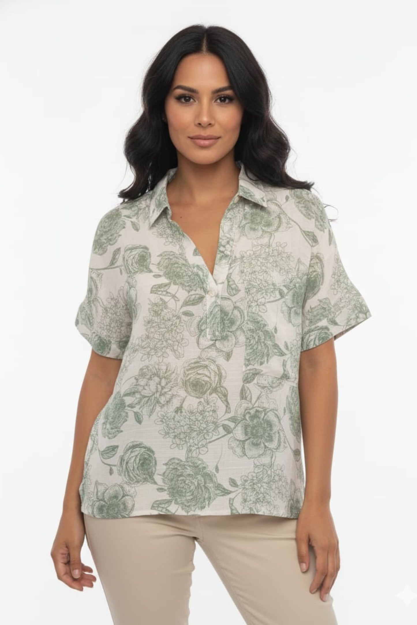 Alex & Parker Ivory Olive Floral V-Neck Blouse