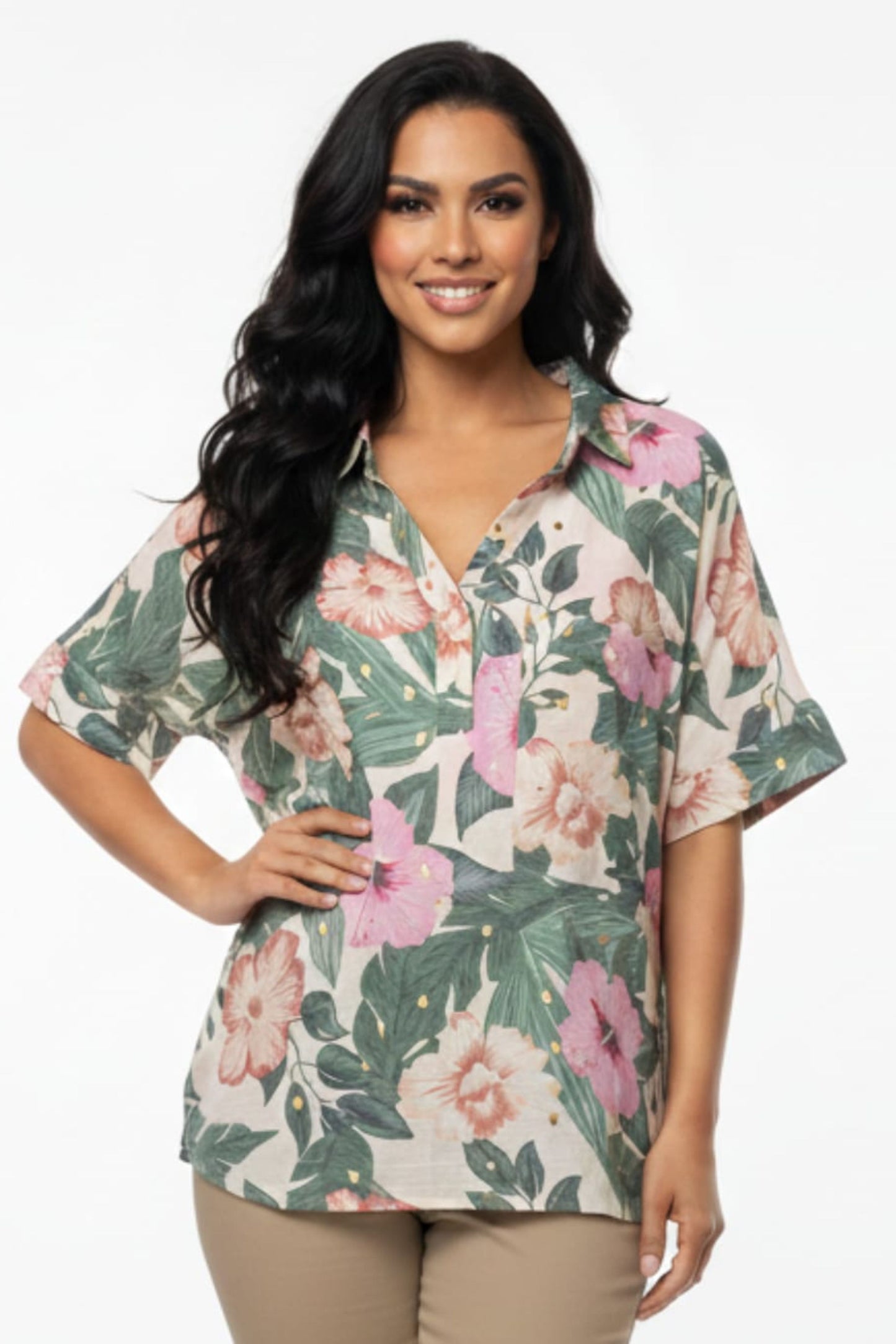 Alex & Parker Pink Gold Floral V-Neck Blouse
