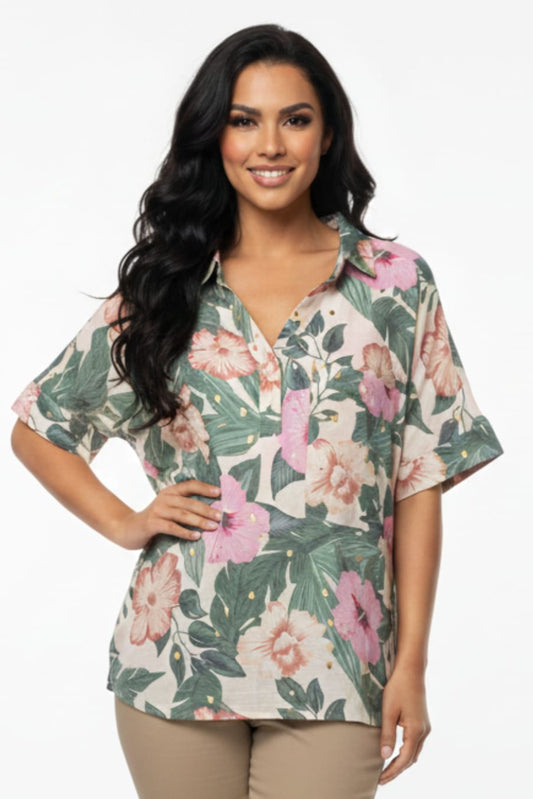 Alex & Parker Pink Gold Floral V-Neck Blouse