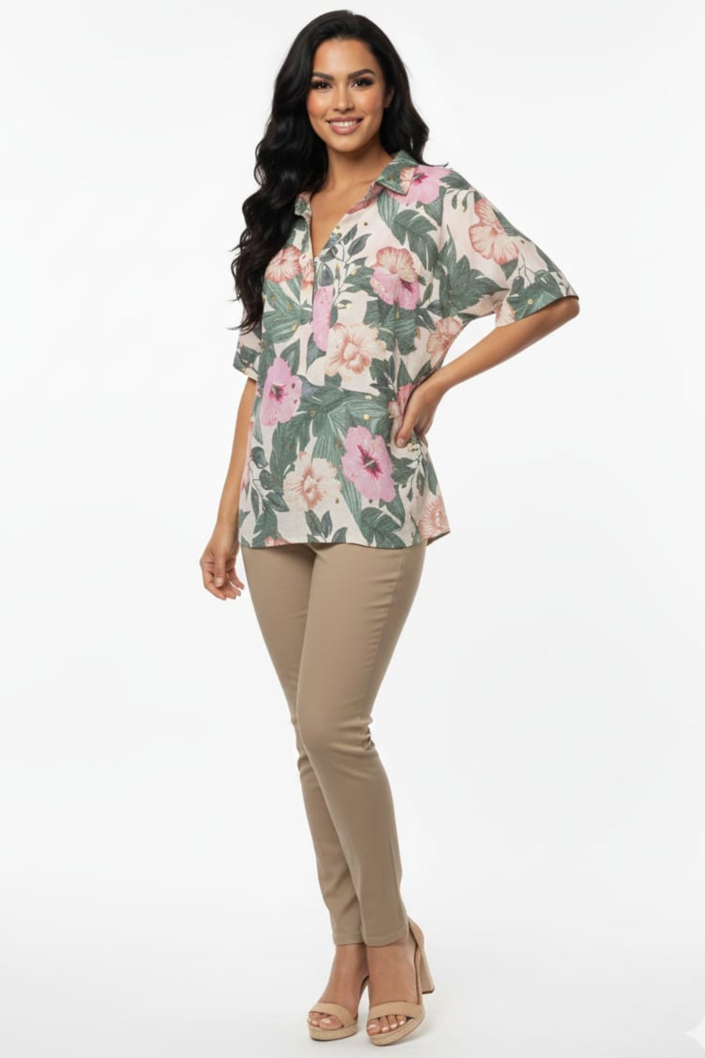 Alex & Parker Pink Gold Floral V-Neck Blouse