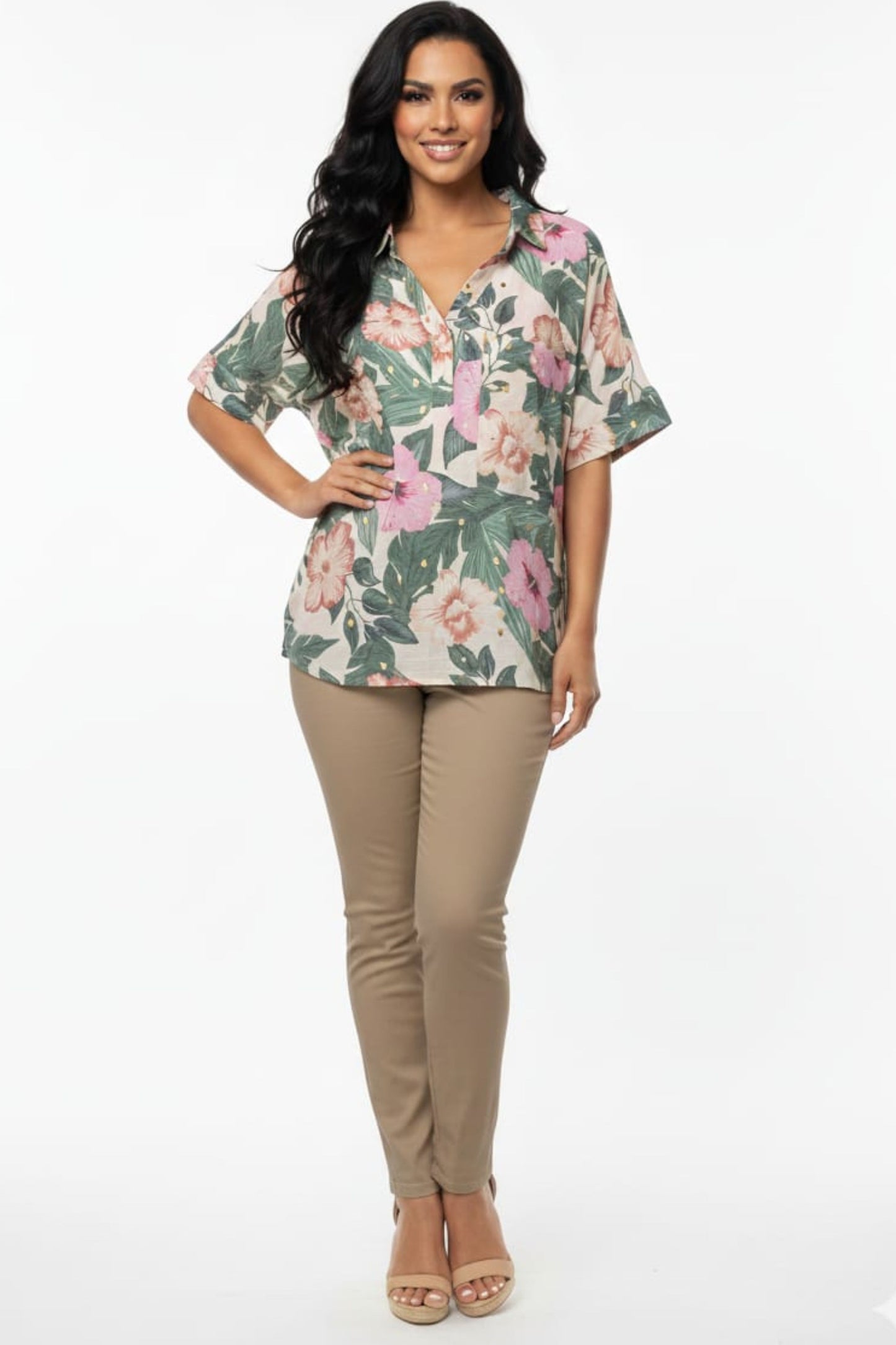 Alex & Parker Pink Gold Floral V-Neck Blouse
