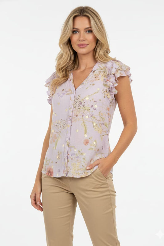 Alex & Parker Lavender Gold Floral Flutter Sleeve Button-Down Blouse
