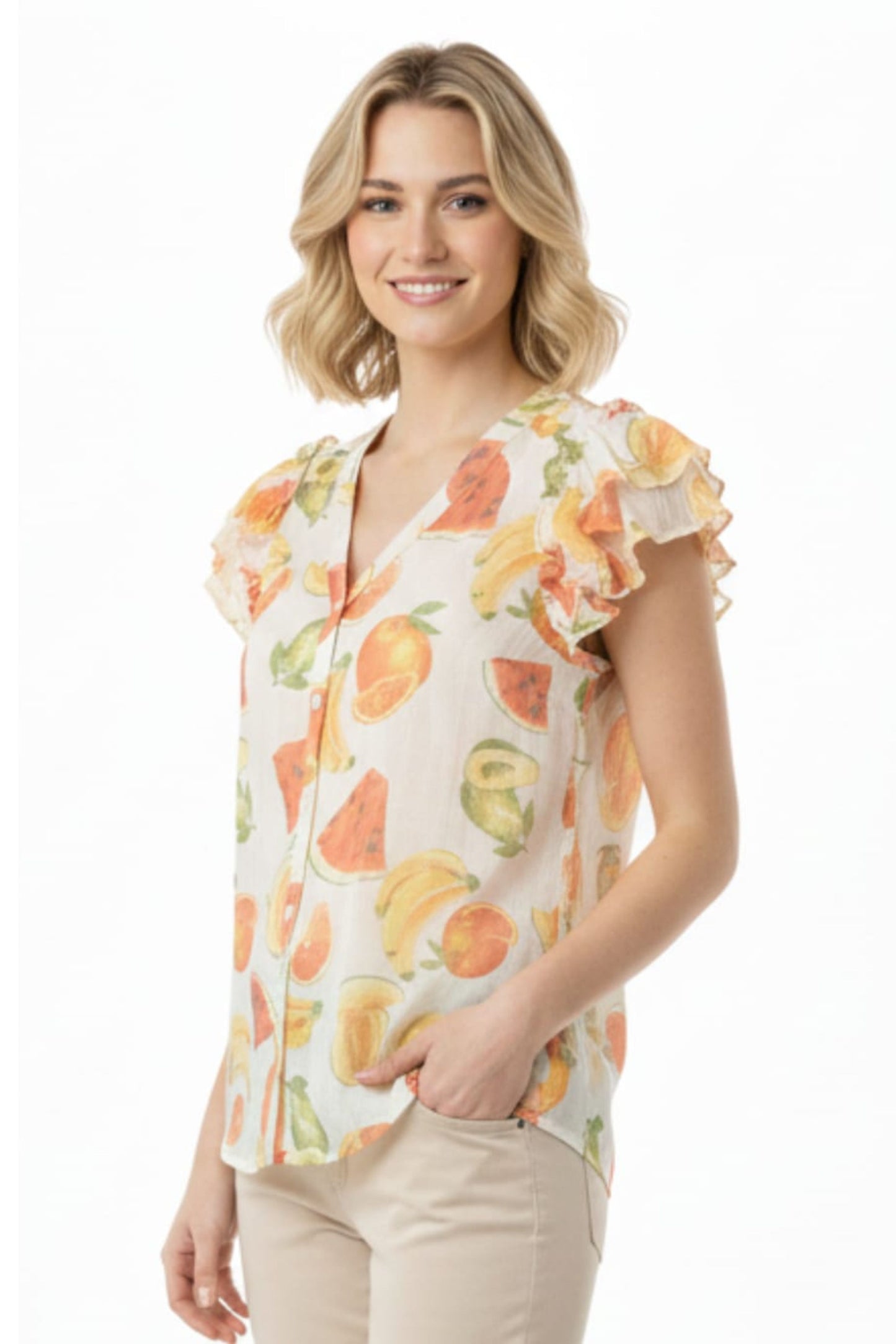 Alex & Parker Citrus Fruit Print Flutter Sleeve Button-Down Blouse