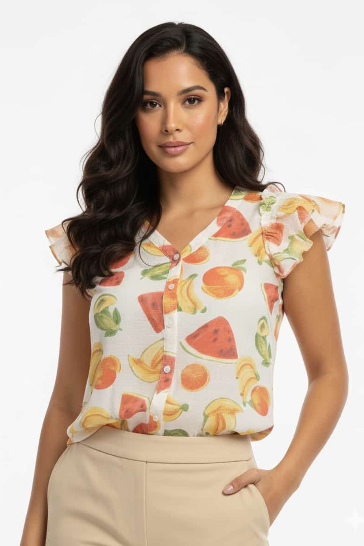 Alex & Parker Citrus Fruit Print Flutter Sleeve Button-Down Blouse