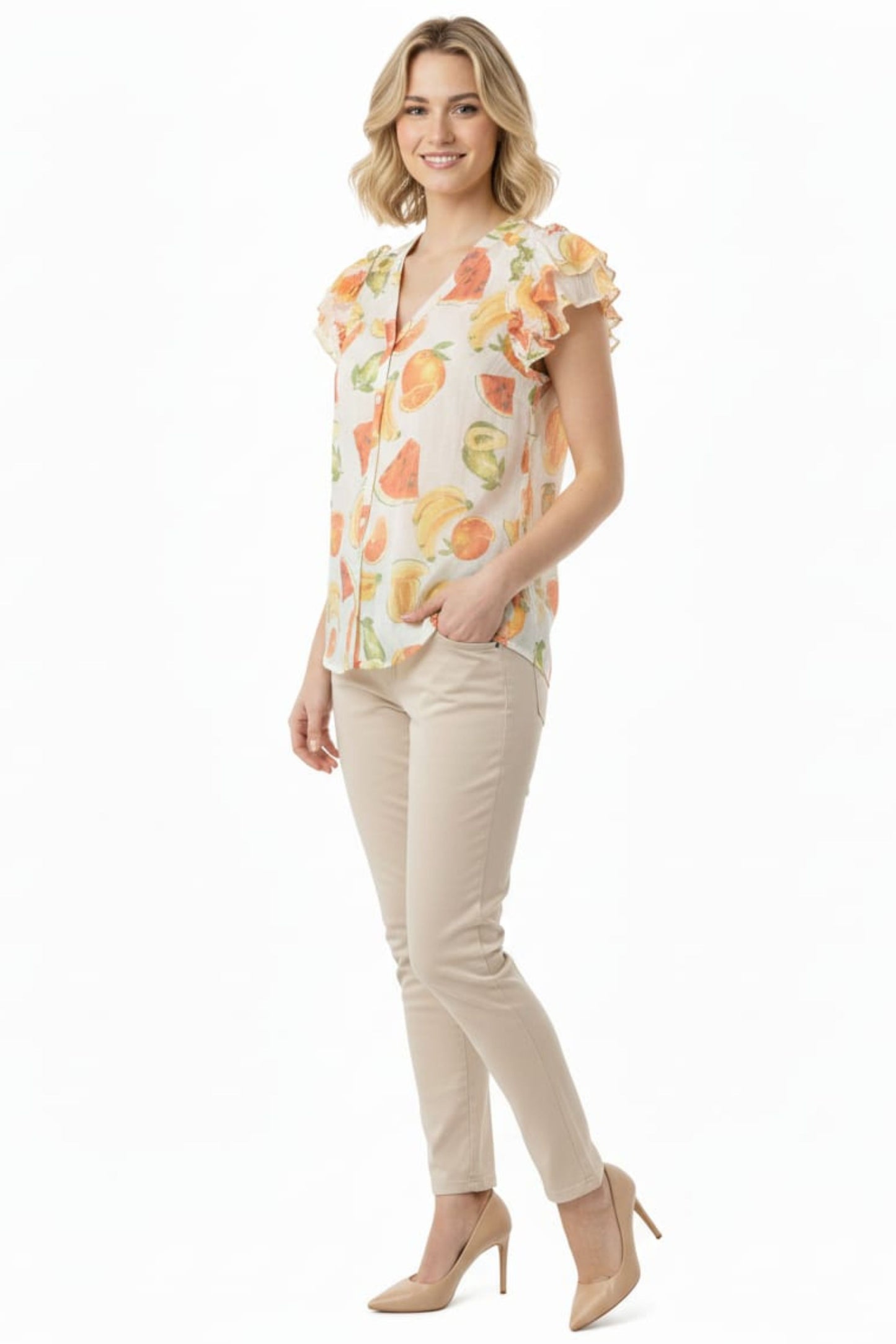 Alex & Parker Citrus Fruit Print Flutter Sleeve Button-Down Blouse
