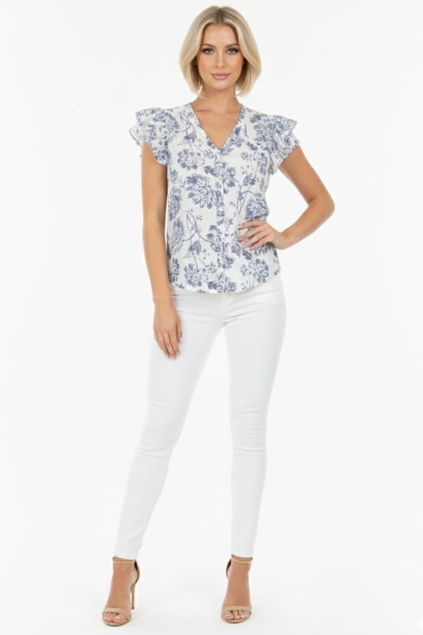 Alex & Parker Ivory Navy Floral Print Flutter Sleeve Button-Down Blouse