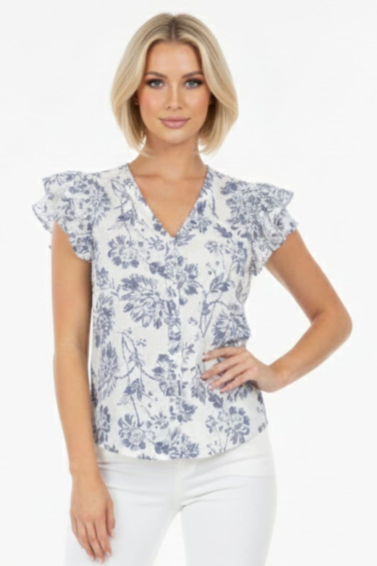 Alex & Parker Ivory Navy Floral Print Flutter Sleeve Button-Down Blouse
