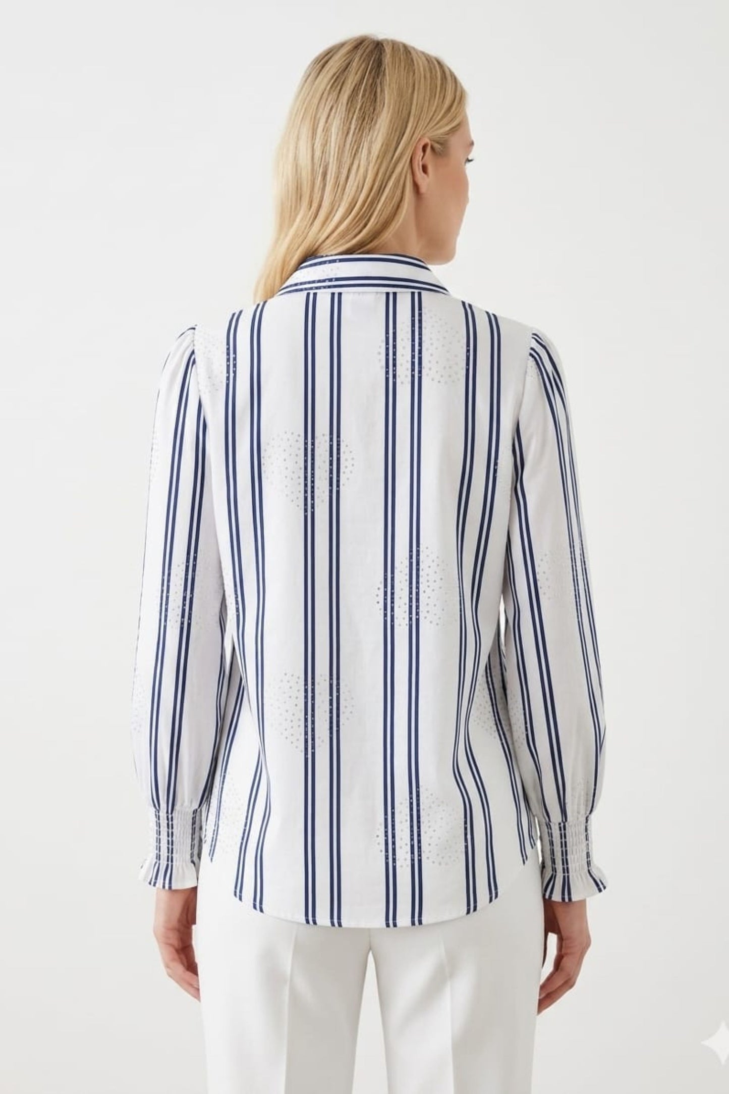 Alex & Parker Ivory & Silver Striped Button-Down with Smocked Cuffs