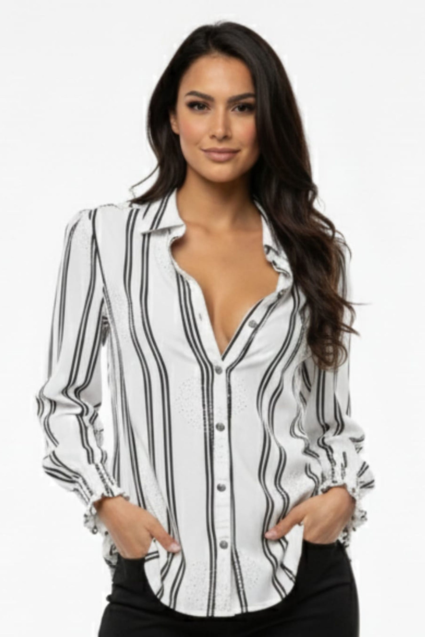 Alex & Parker Ivory & Silver Striped Button-Down with Smocked Cuffs