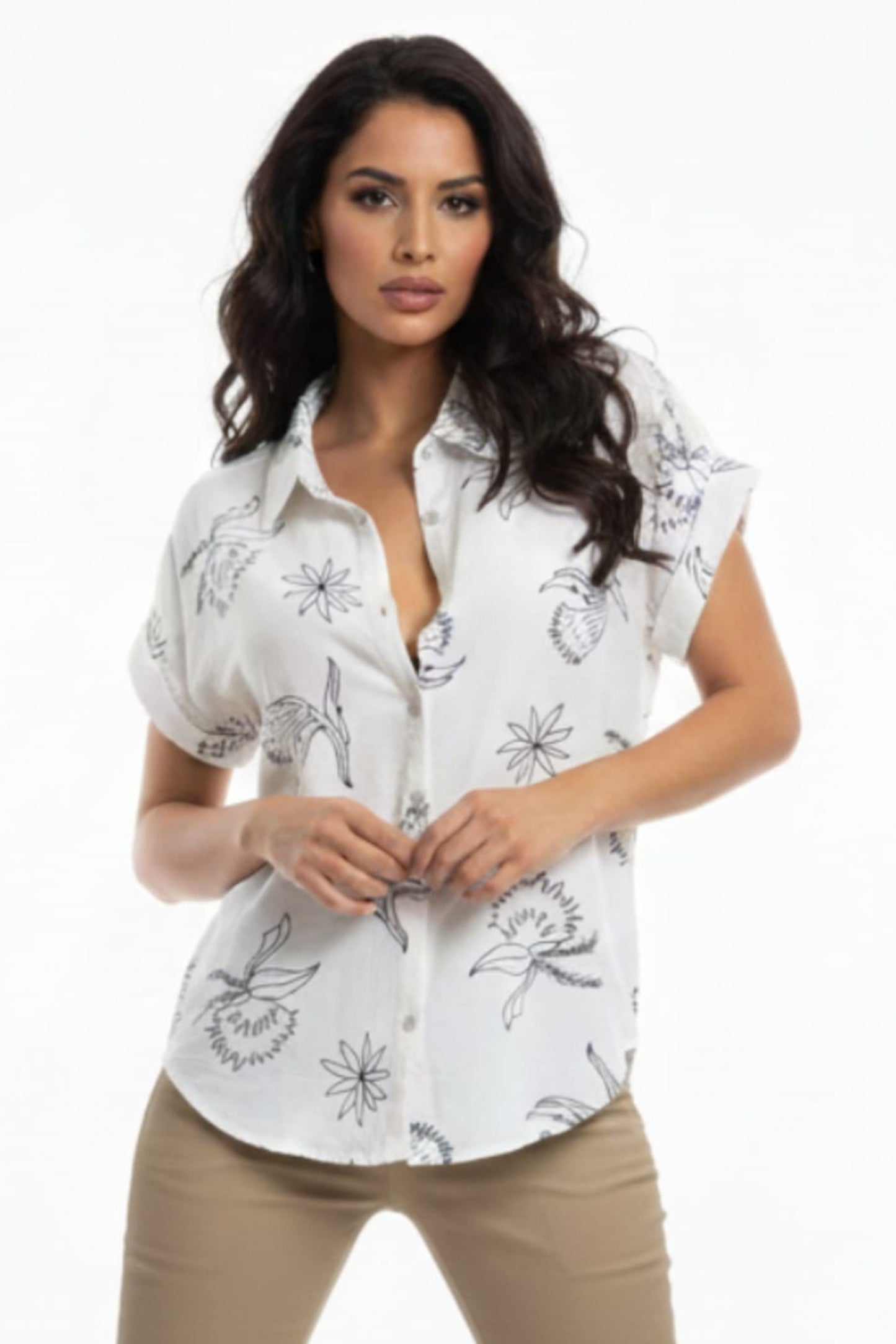 Alex & Parker White Navy Tropical Line Art Button-Down Blouse