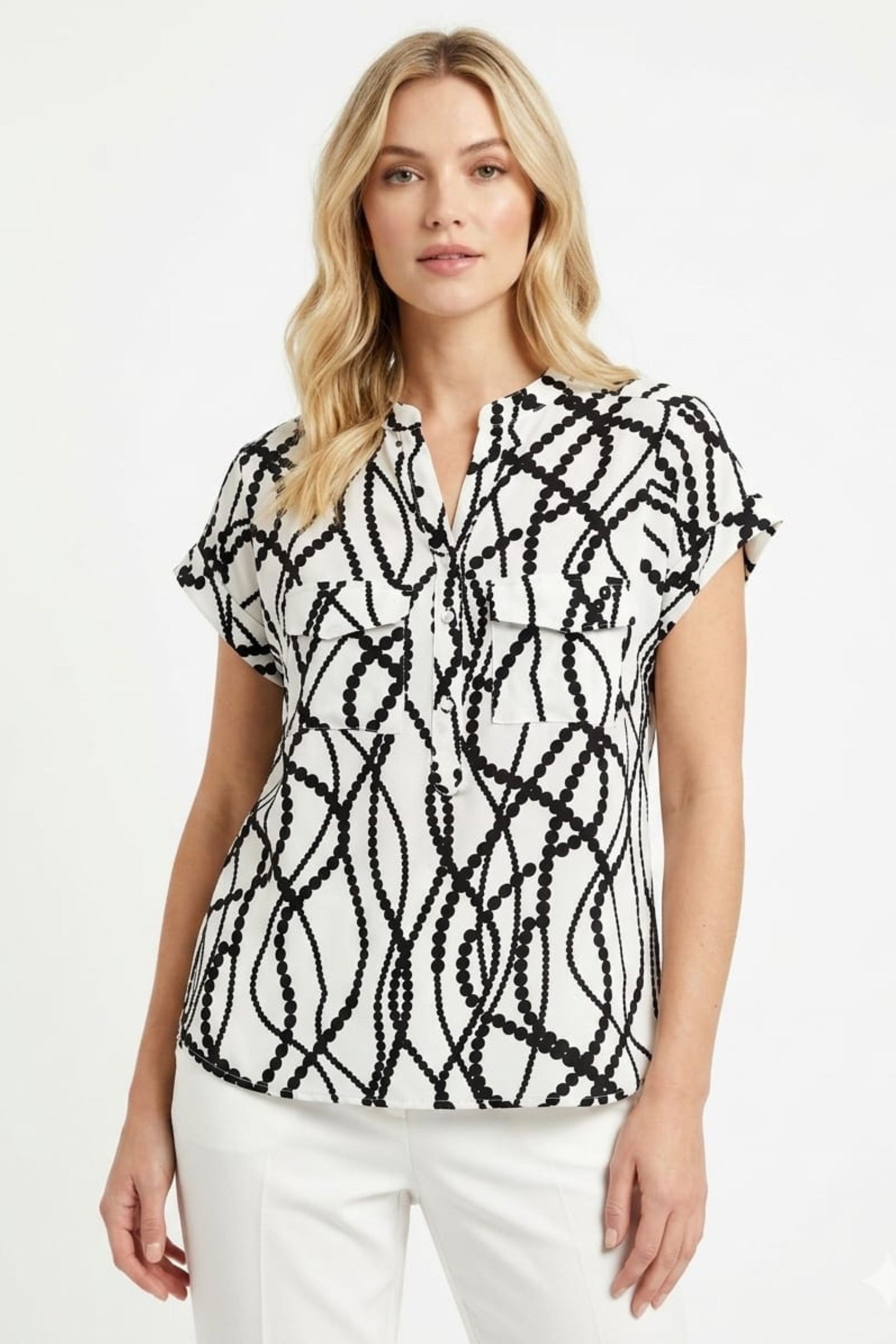Alex & Parker Ivory and Black Geometric Chain Print Cap Sleeve Day Top